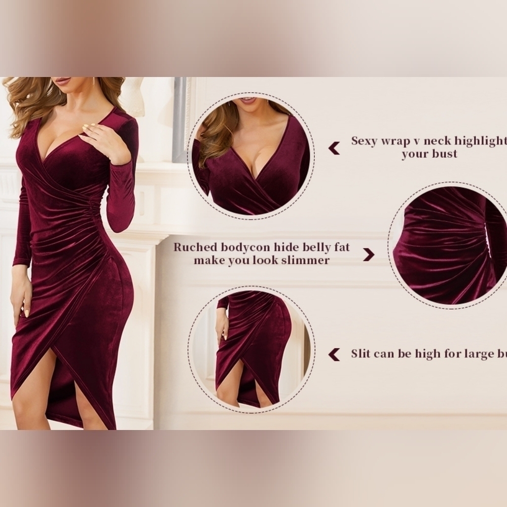 Red Wine Colored Velvet Faux Wrap Midi Huhot Dress Valentines Day L